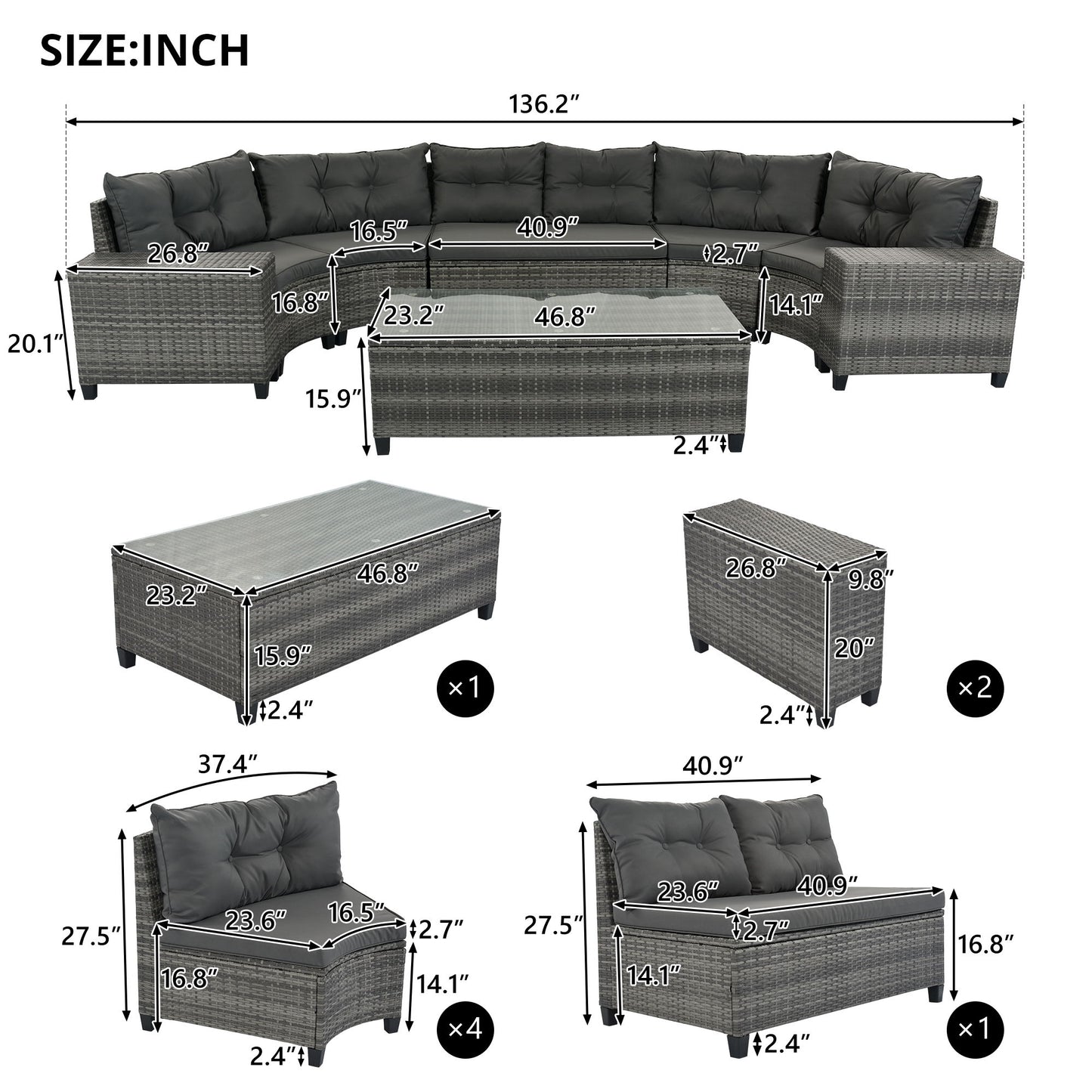 8 Pieces Outdoor Wicker Round Sofa Set, Half-Moon Sectional Sets All Weather, Curved Sofa Set With Rectangular Coffee Table, PE Rattan Water-Resistant And UV Protected, Movable Cushion Hearth and Haven