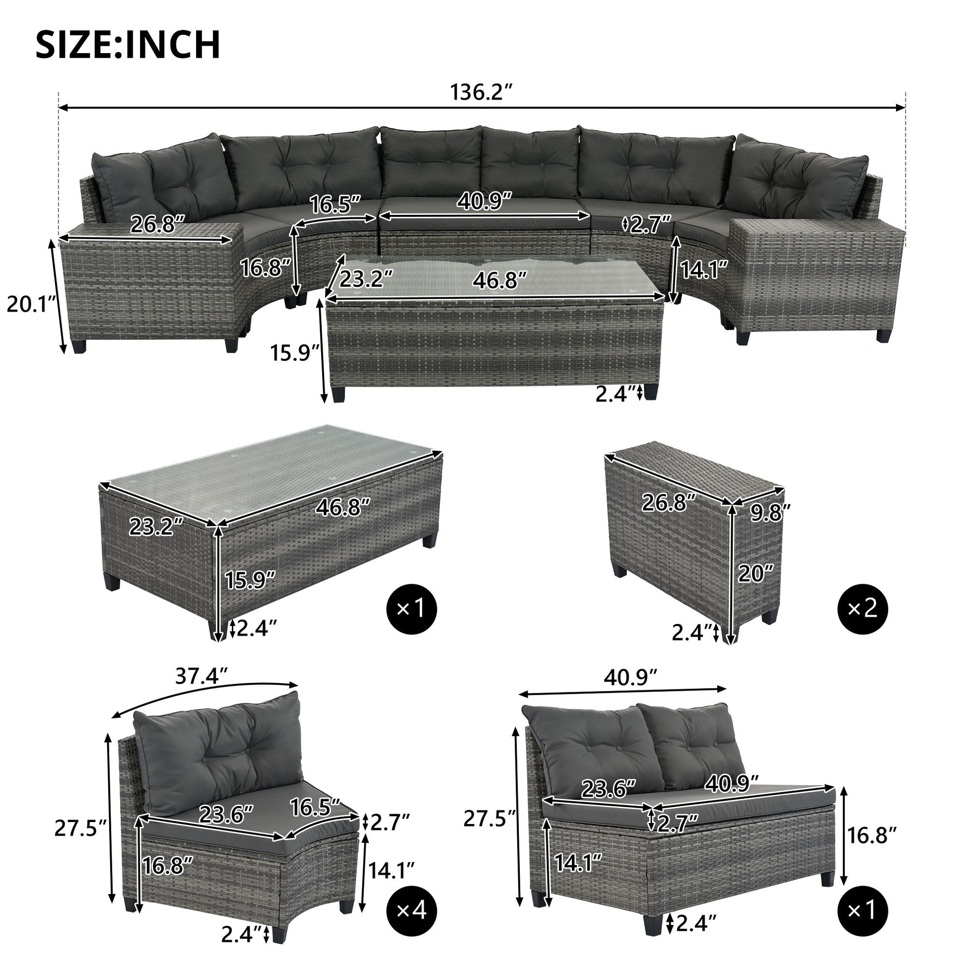 8 Pieces Outdoor Wicker Round Sofa Set, Half-Moon Sectional Sets All Weather, Curved Sofa Set With Rectangular Coffee Table, PE Rattan Water-Resistant And UV Protected, Movable Cushion Hearth and Haven