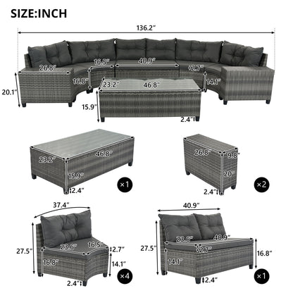 8 Pieces Outdoor Wicker Round Sofa Set, Half-Moon Sectional Sets All Weather, Curved Sofa Set With Rectangular Coffee Table, PE Rattan Water-Resistant And UV Protected, Movable Cushion Hearth and Haven