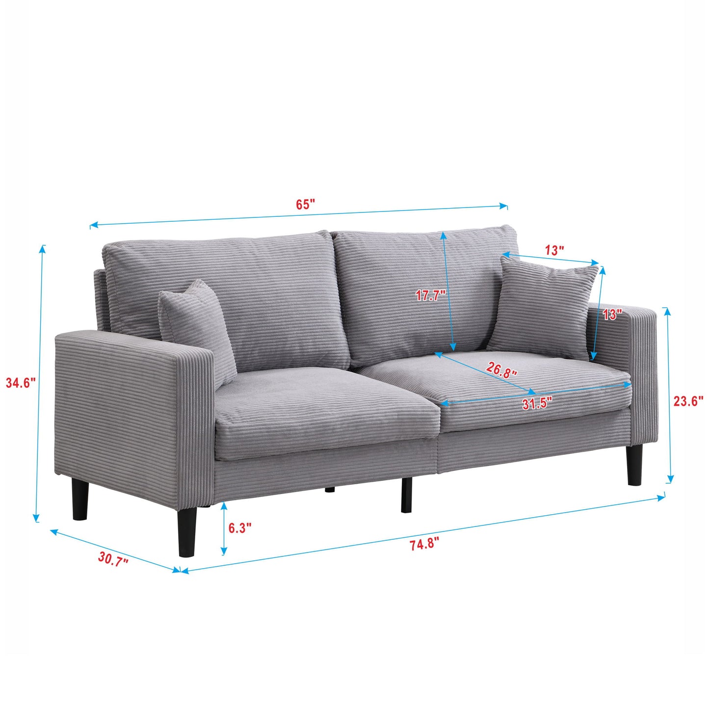 Modern Upholstered 3 Seat Sofa, High Resilience Home Essentials