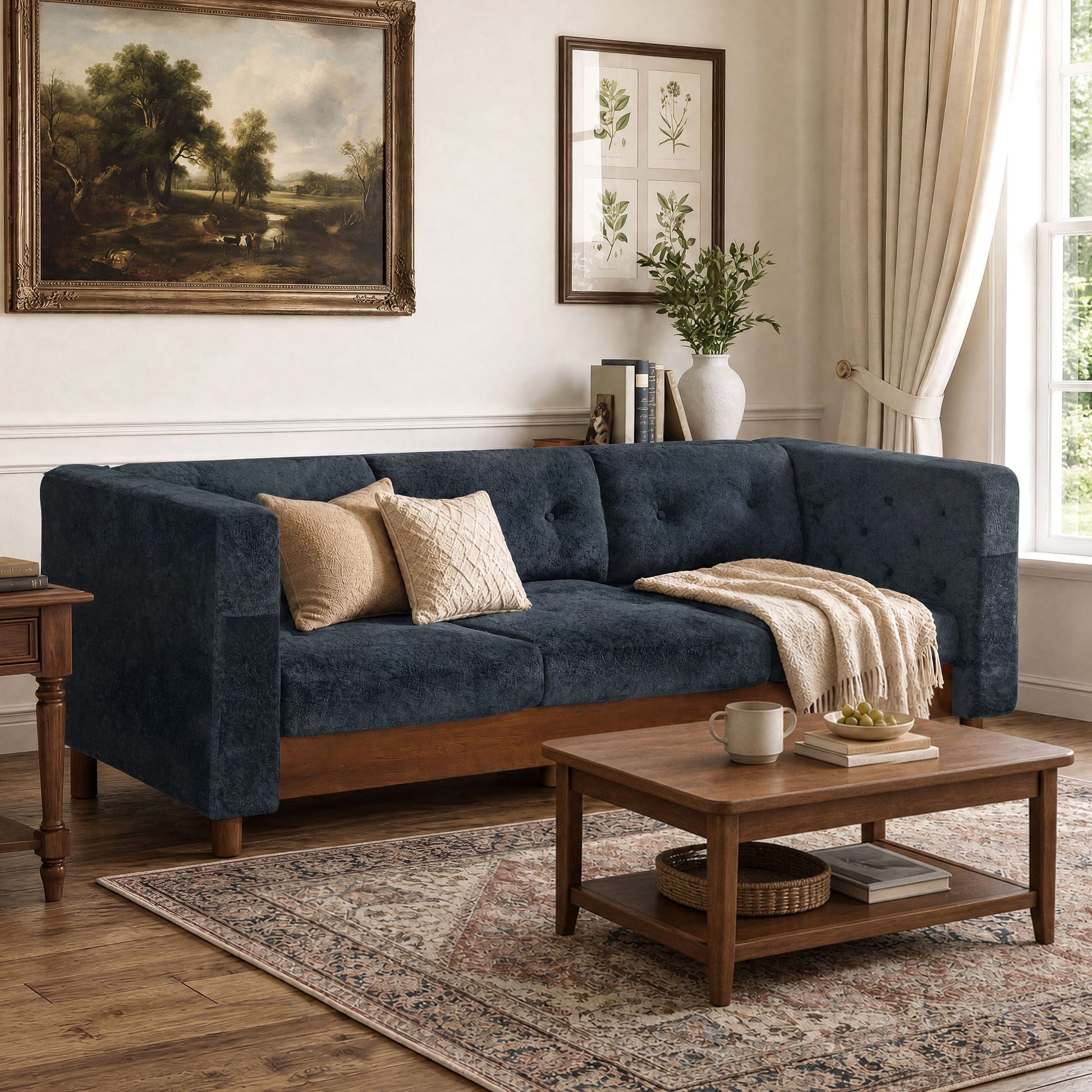 3 Seater Sofa With Square Arms, Tufted Pillow Back For Living Room Noble House