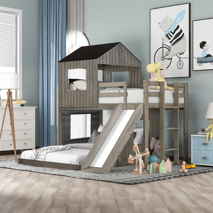Loft Bunk Bed With Playhouse, Farmhouse, Ladder, Slide And Guardrails DreamHaus
