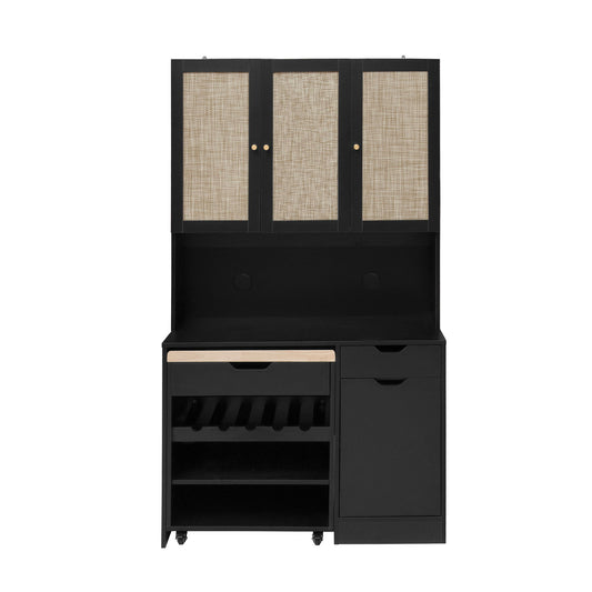 Kitchen Pantry Storage Cabinet, Modern Buffet Cabinet With Kitchen Cart, Tall Kitchen Hutch Cabinet With Microwave Stand, Food Pantry Cabinet With 3 Rattan Doors And Adjustable Shelves - Black Home Essentials