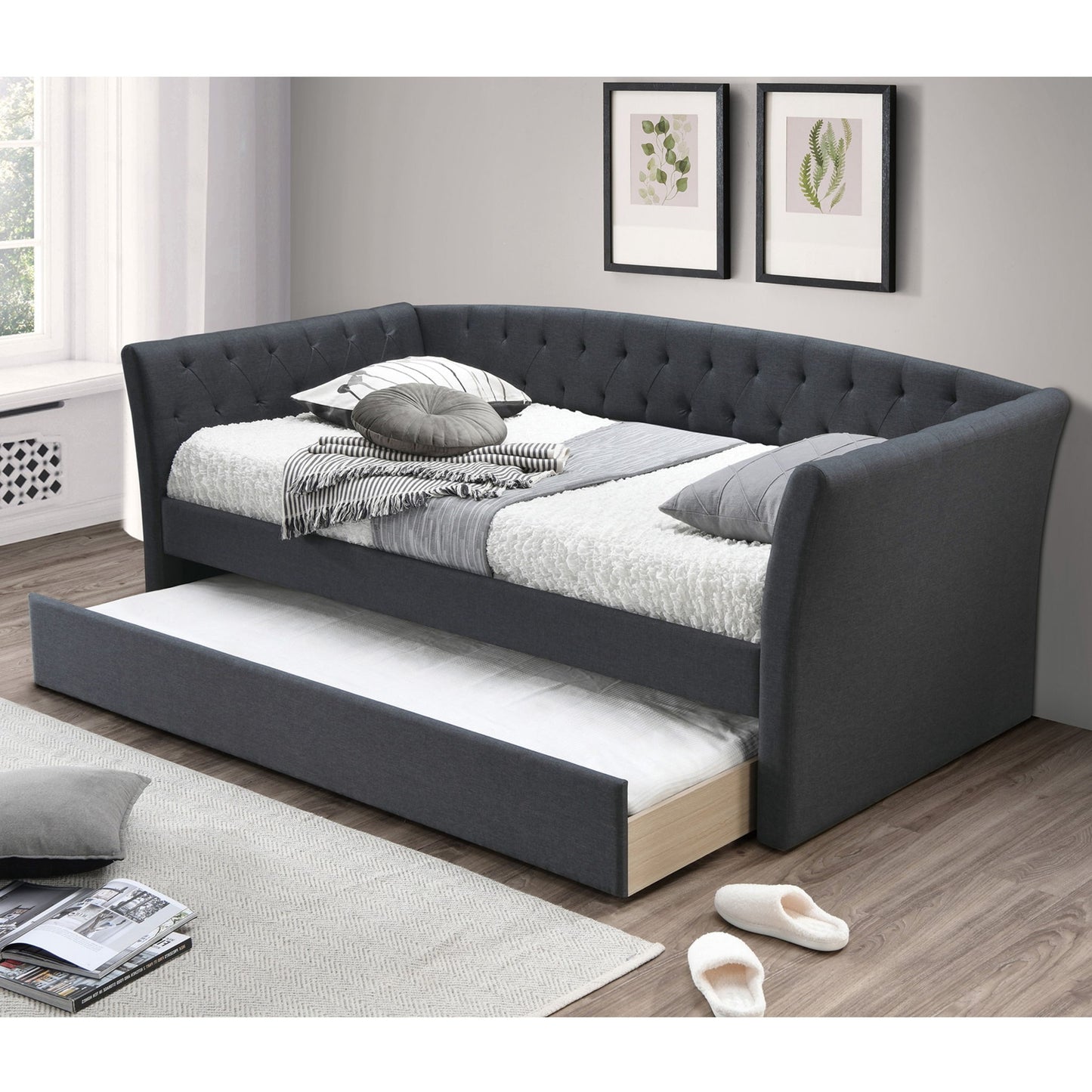 Daybed With Trundle Button Tufted Slat Included - Charcoal Home Essentials