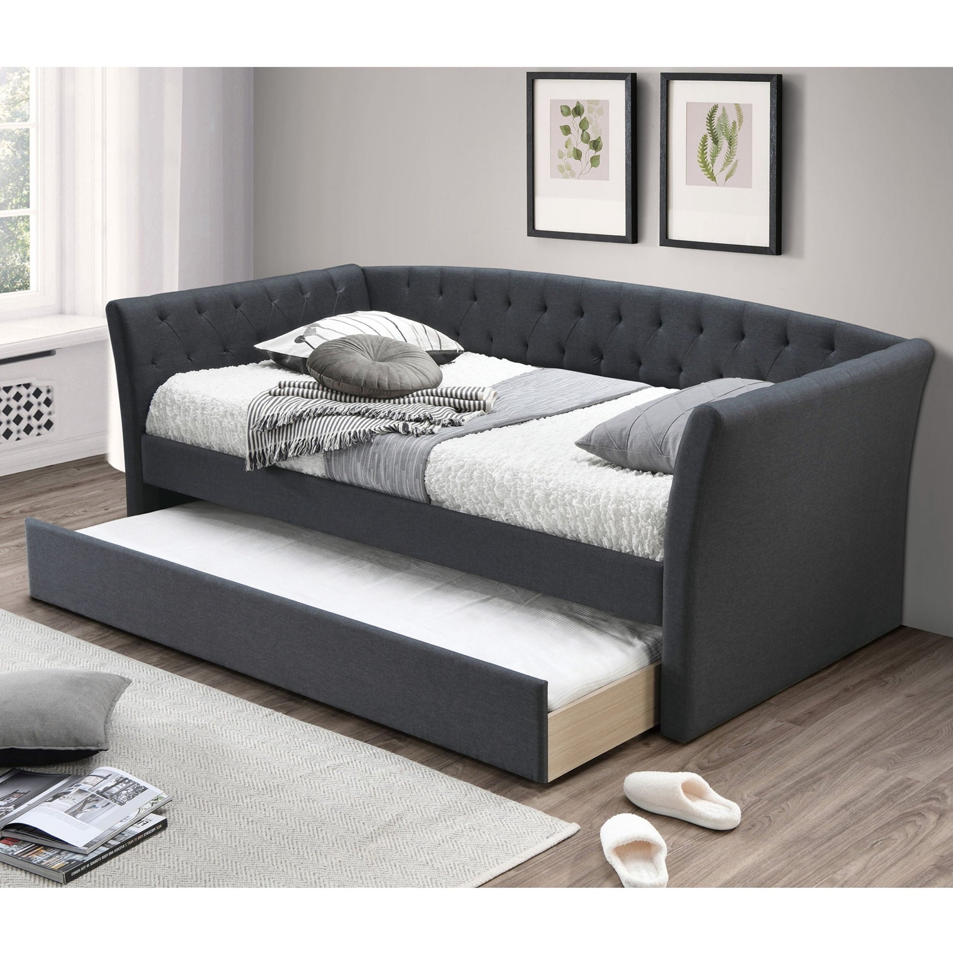 Daybed With Trundle Button Tufted Slat Included - Charcoal Home Essentials