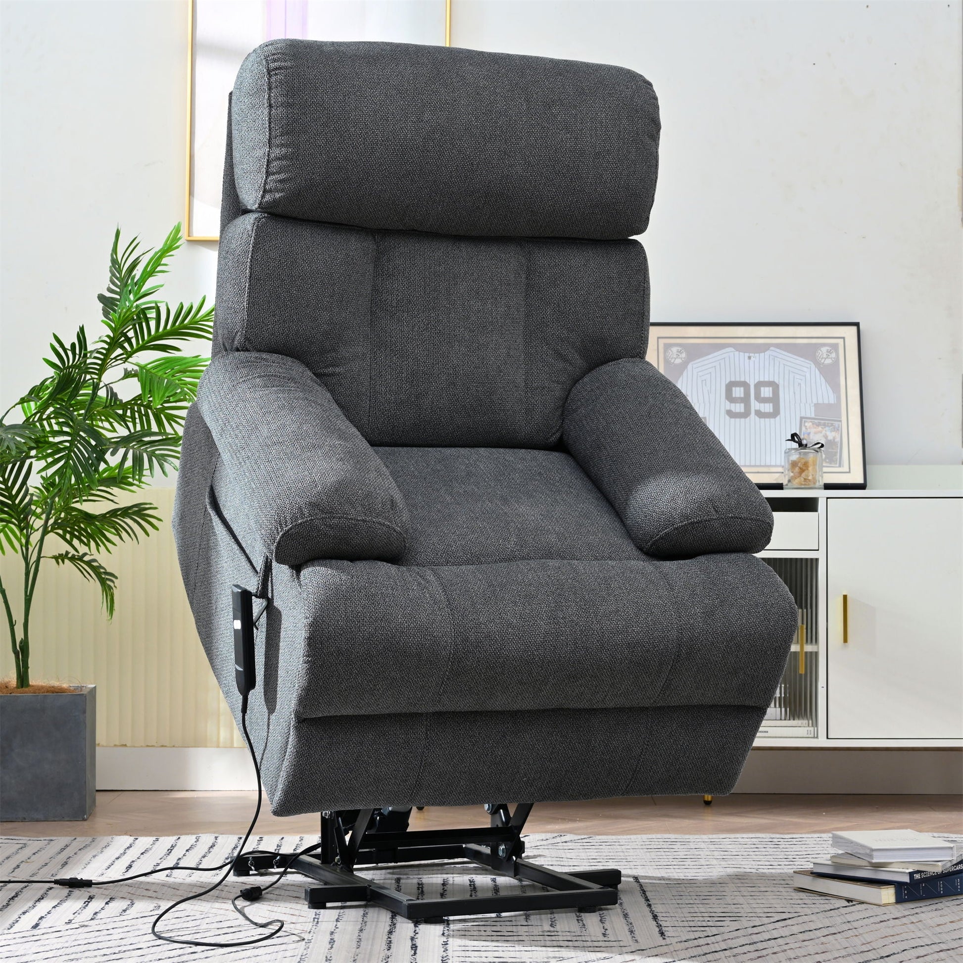Oversized Power Lift Recliner Chai With Remote Control, Side Pocket, Spacious Seat Home Essentials