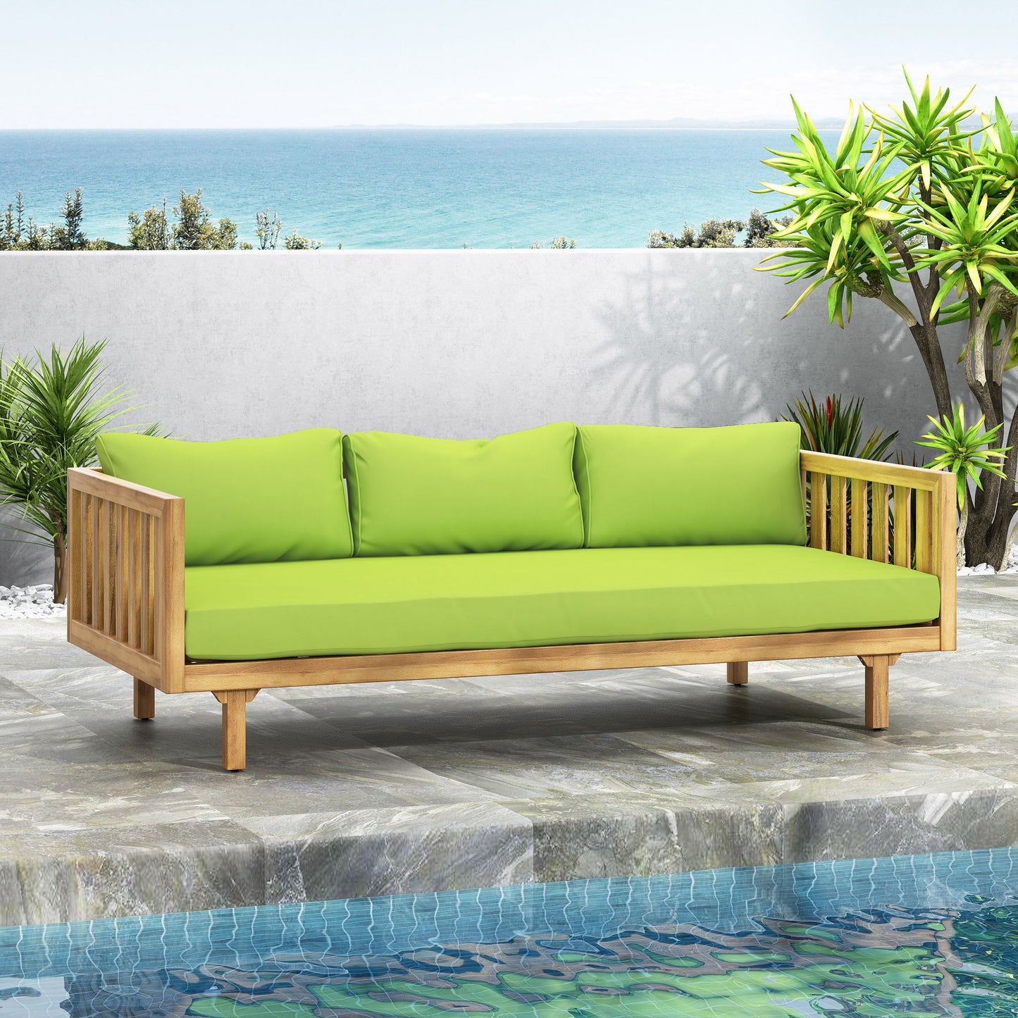Claremont - 3 Seater Daybed Teak Acacia Wood Water Resistant Cushions Noble House