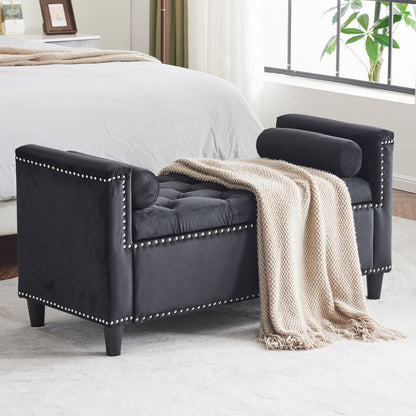 Queen Velvet Button Bedside Storage Bench With Armrests, Nailhead Trim Home Essentials