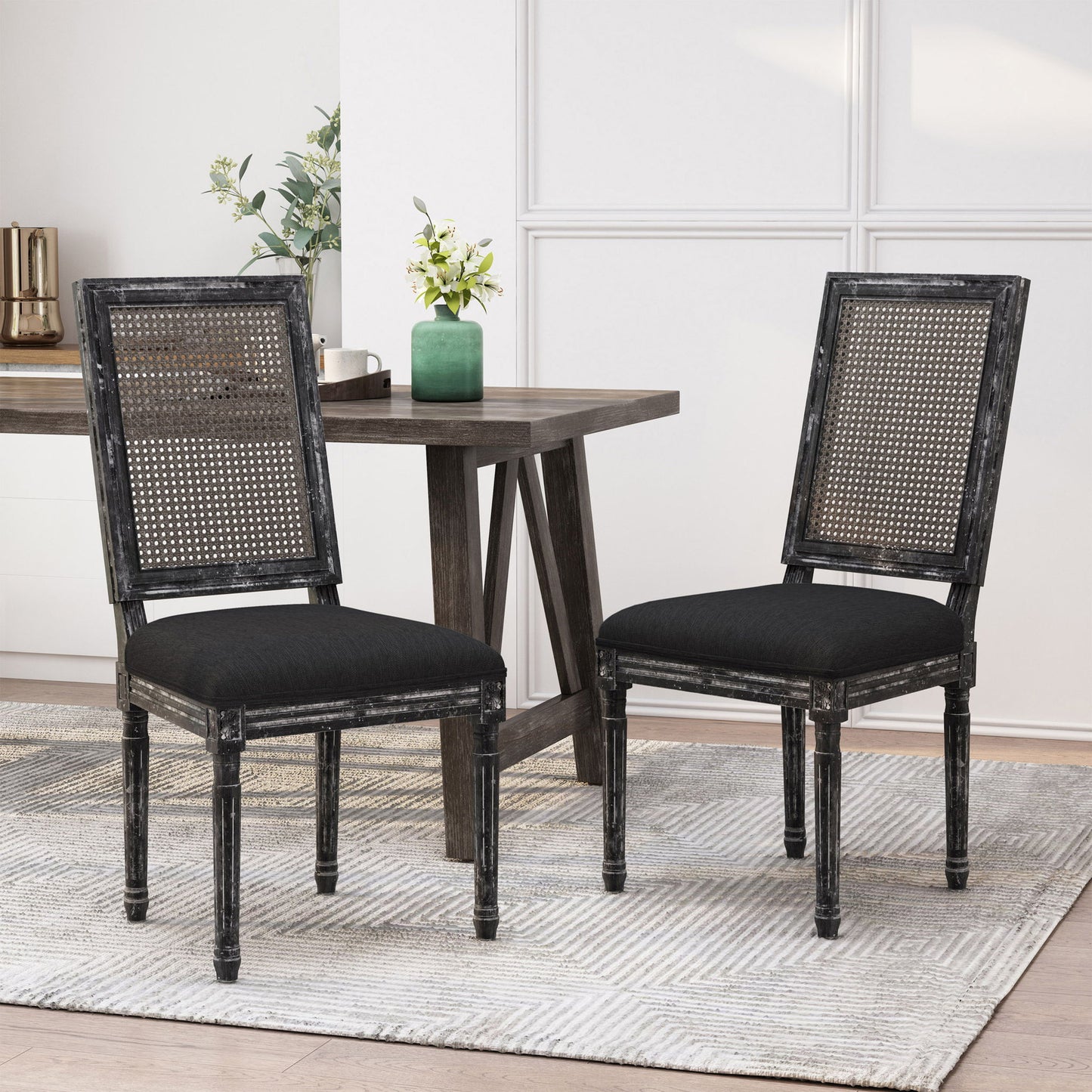 French Country Dining Chair With Rectangular Cane Backrest And Smooth Upholstered Seating Noble House