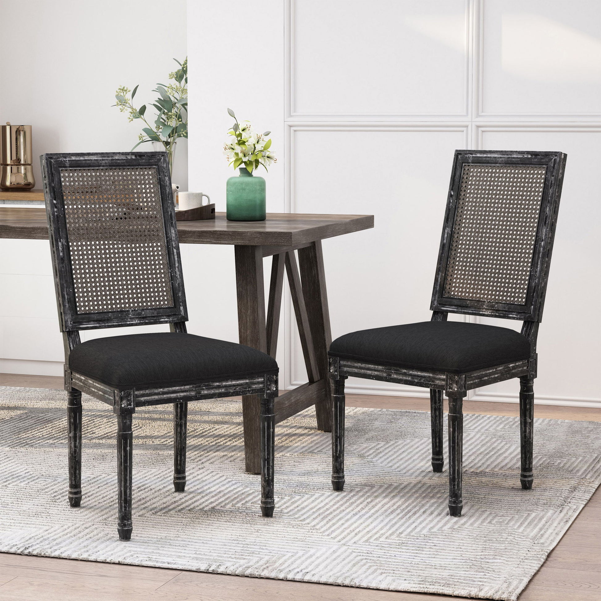French Country Dining Chair With Rectangular Cane Backrest And Smooth Upholstered Seating Noble House