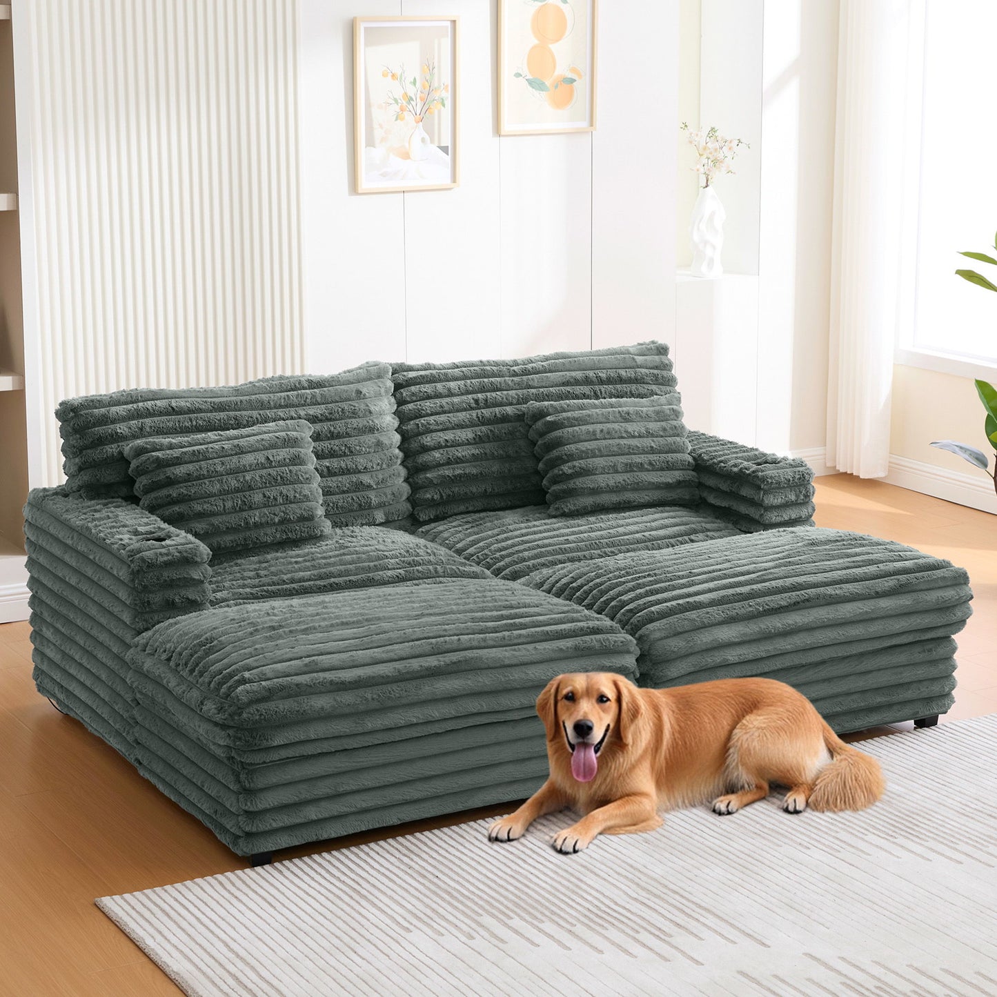 Plush Oversized Double Chaise Lounge Sofa Bed With USB Ports And Cup Holders Hearth and Haven
