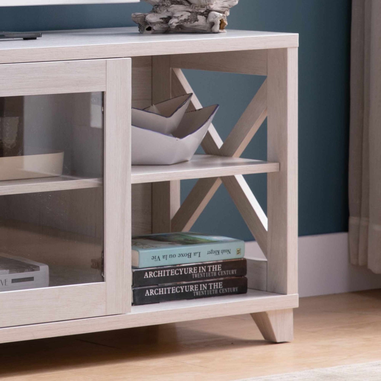 TV Stand With Four Side Shelves And Center Transparent Cabinet Craftsman Style Entertainment Center - White Oak