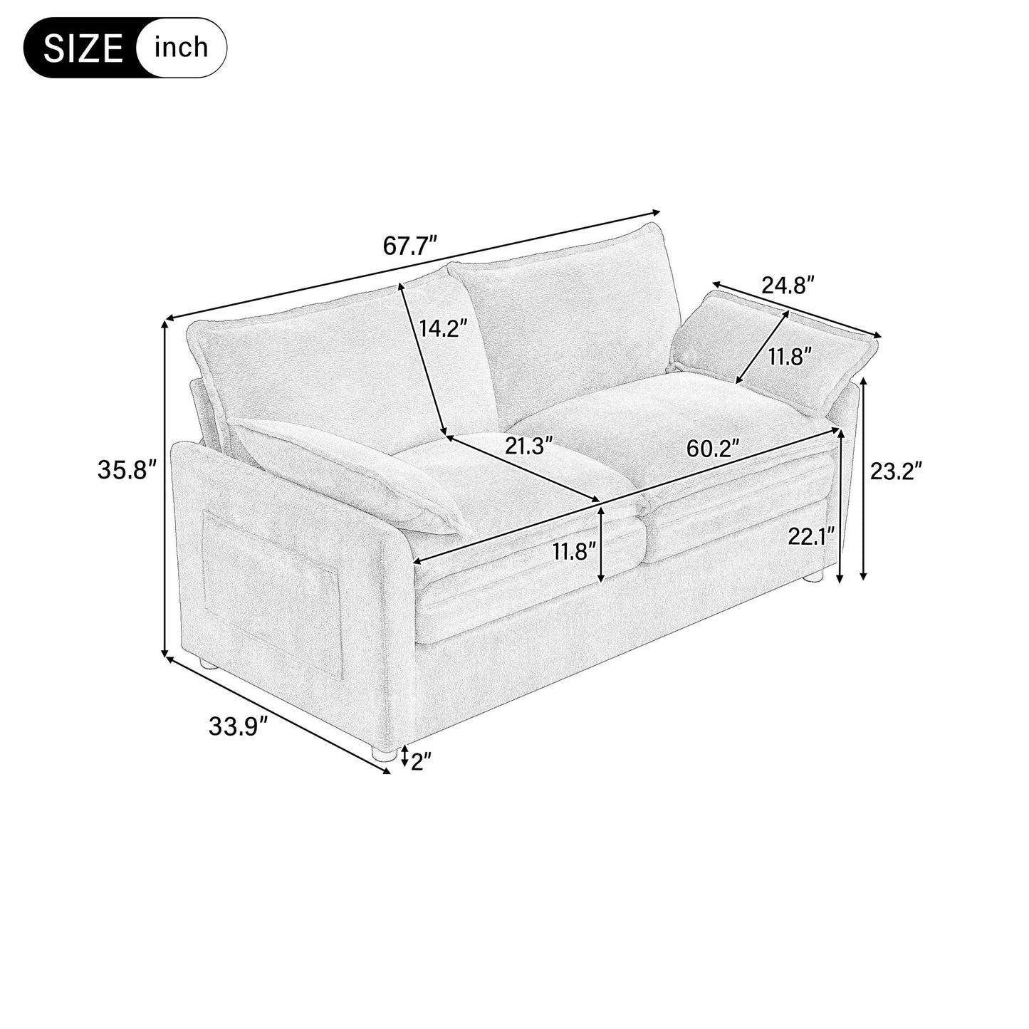 Modern Loveseat Sofa, Upholstered Couch With Side Storage Pockets Hearth and Haven