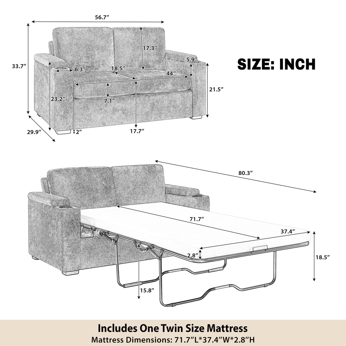 Pull Out Sofa Bed Loveseat With Twin Mattress, Cup Holders And Arm Storage Hearth and Haven