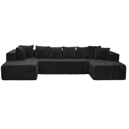 Modular U-Shaped Sectional Sofa, 4 Seater Chaise Lounge With Reversible Design Striped - Black Home Essentials
