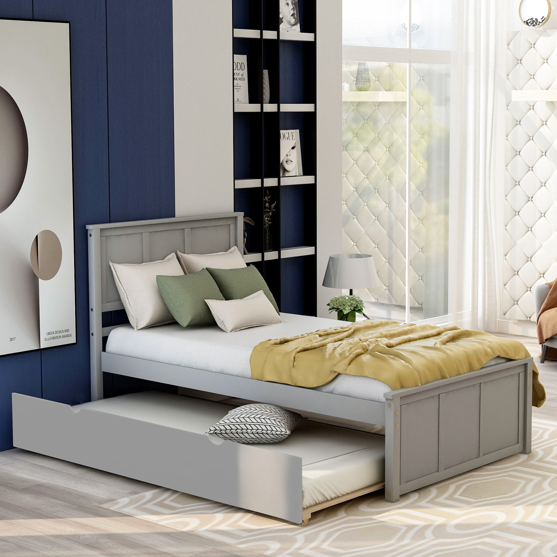 Platform Bed With Twin Trundle And Frame, Twin Size - Gray Hearth and Haven