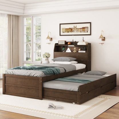 Wooden LED Platform Bed With Trundle, With Storage Headboard, With Drawers