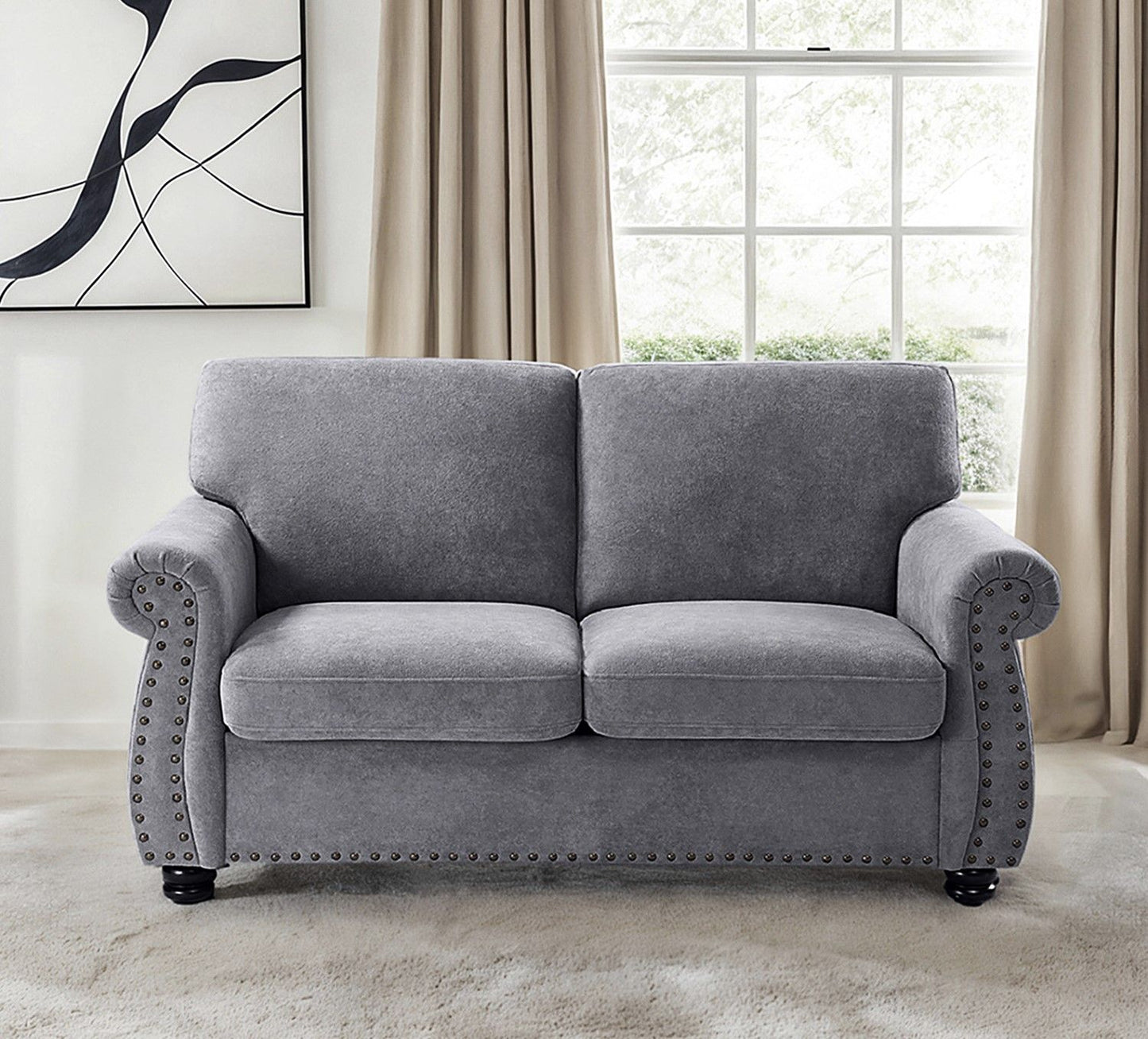 Soft Loveseat, Upholstered 2 Seater Couch, Loose Back Cushions And Turned Legs US Pride