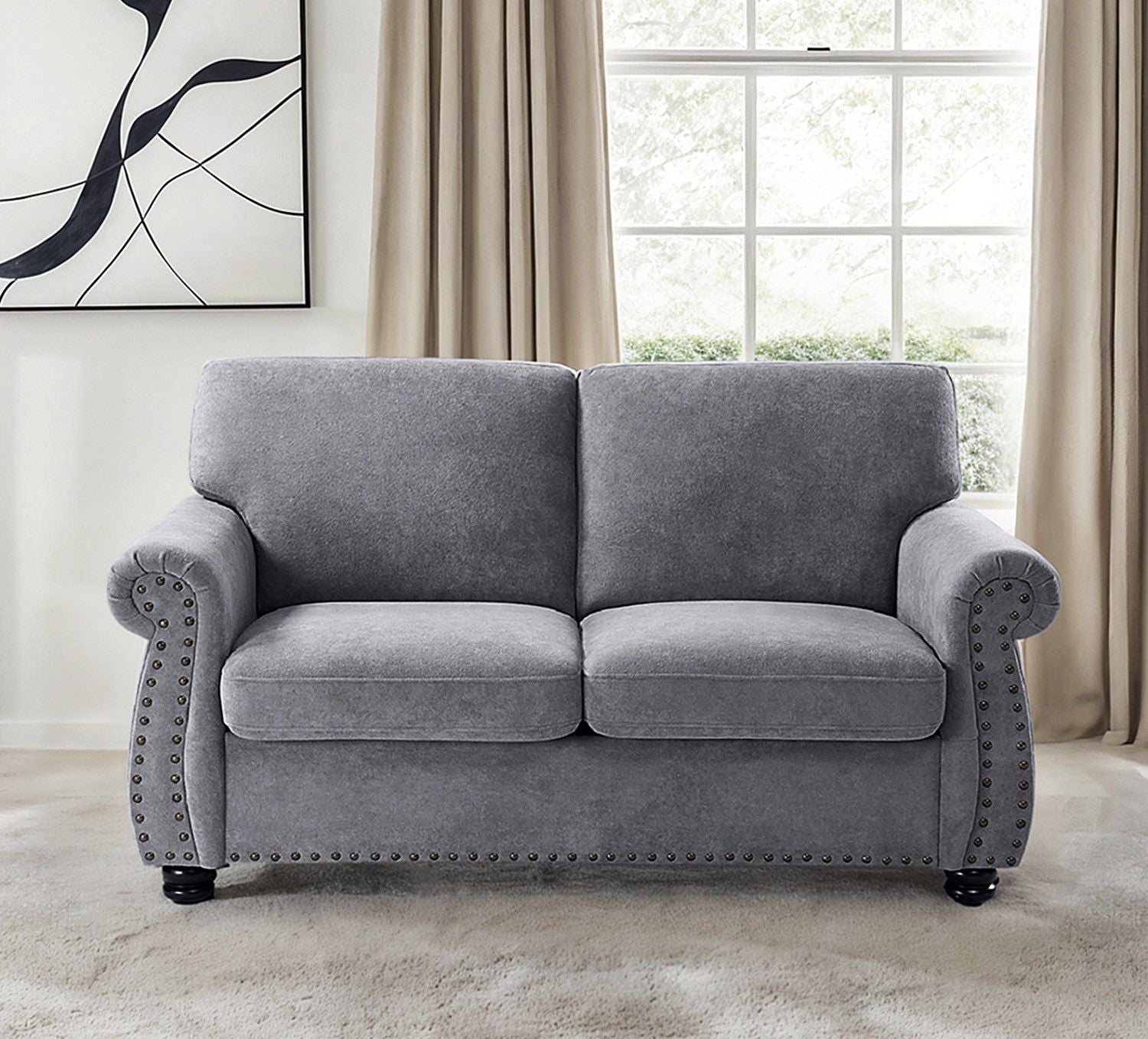 Soft Loveseat, Upholstered 2 Seater Couch, Loose Back Cushions And Turned Legs US Pride