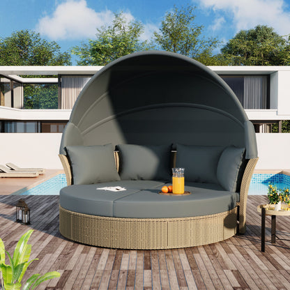 Outdoor Patio Daybed Wicker Rattan Double Daybed Round Sofa Furniture Set With Retractable Canopy, 4 Pillows For Lawn Garden Hearth and Haven