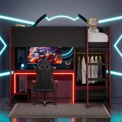 Gaming Loft Bed With Built In Desk, Wardrobe, LED Lighting And Drawer Hearth and Haven