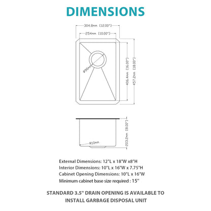 12" Undermount Kitchen Sink, Deep Single Bowl - Brushed Nickel Daily Nest