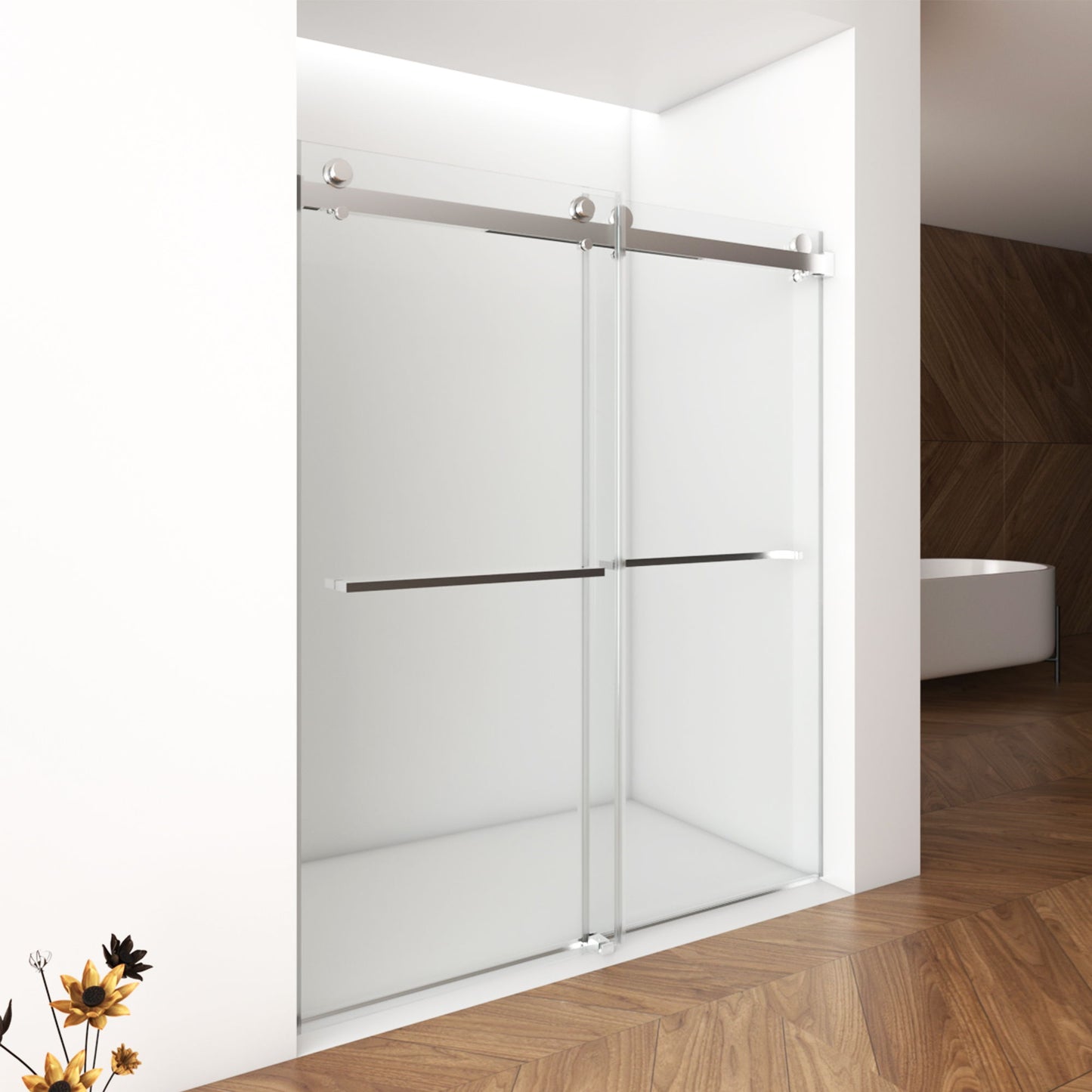 Frameless Shower Door, Double Sliding Shower Door, Clear Tempered Glass Shower Enclosure With Square Rail, Double Side Easy Clean Coat, Finished With Buffer Daily Nest