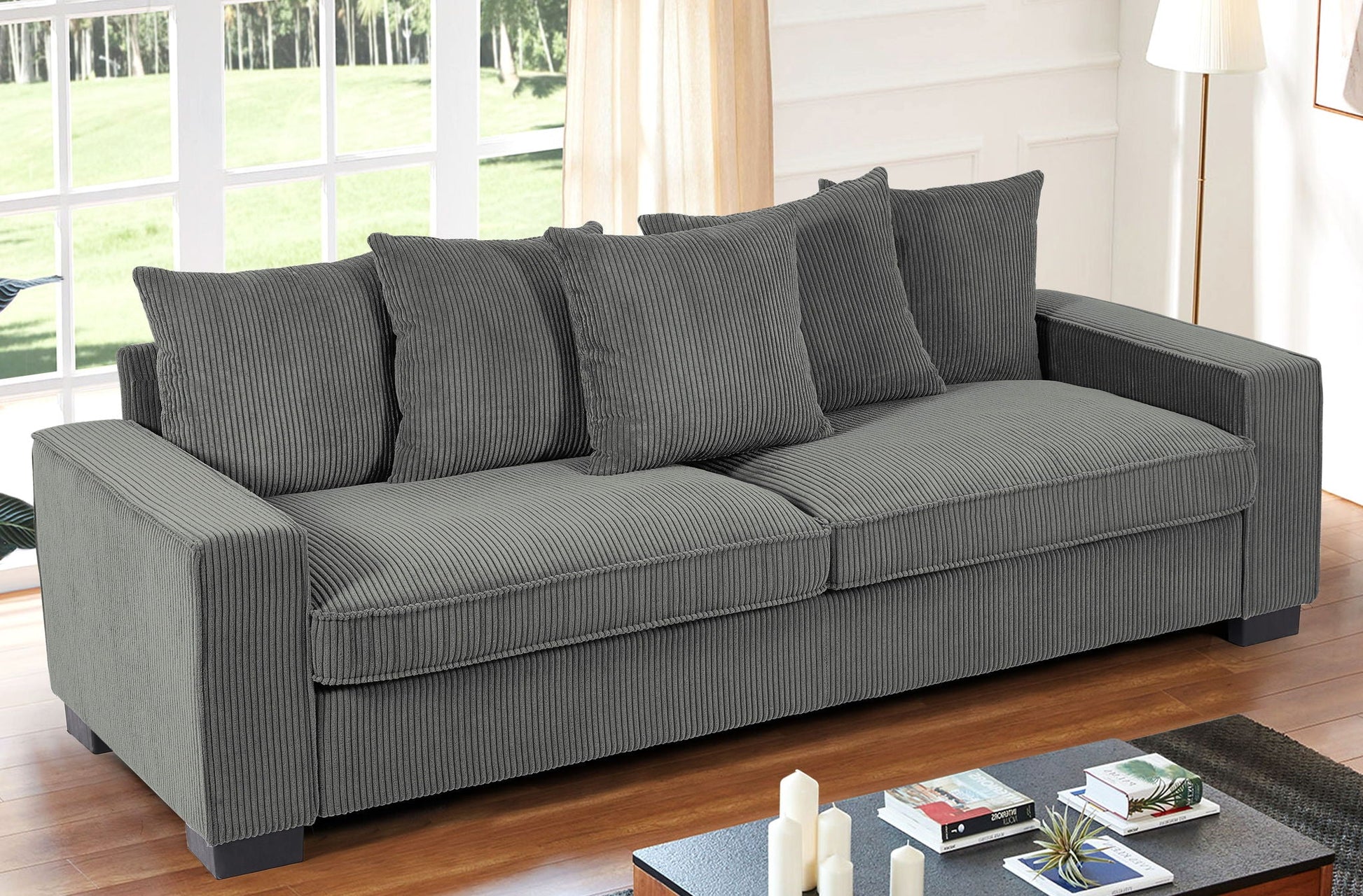 Luxe Corduroy Sofa With 5 Matching Toss Pillows, Sleek Design, Spacious And Comfortable 3 Seater Couch US Pride