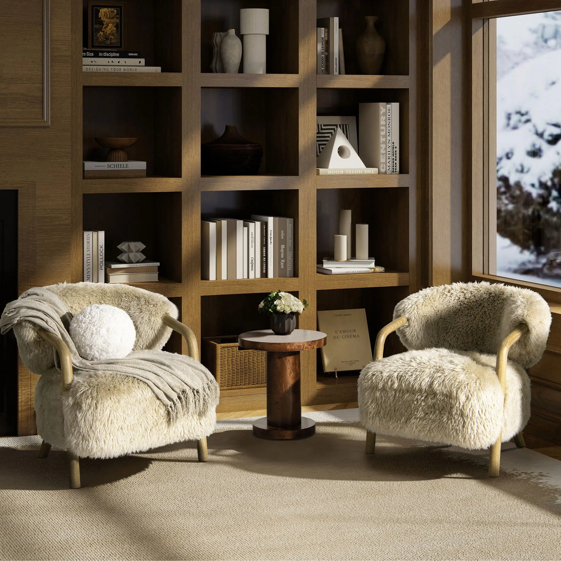Becker - Rustic Oak Sheepskin Upholstered Accent Arm Chair - Taupe Beige Jennifer Taylor Home
