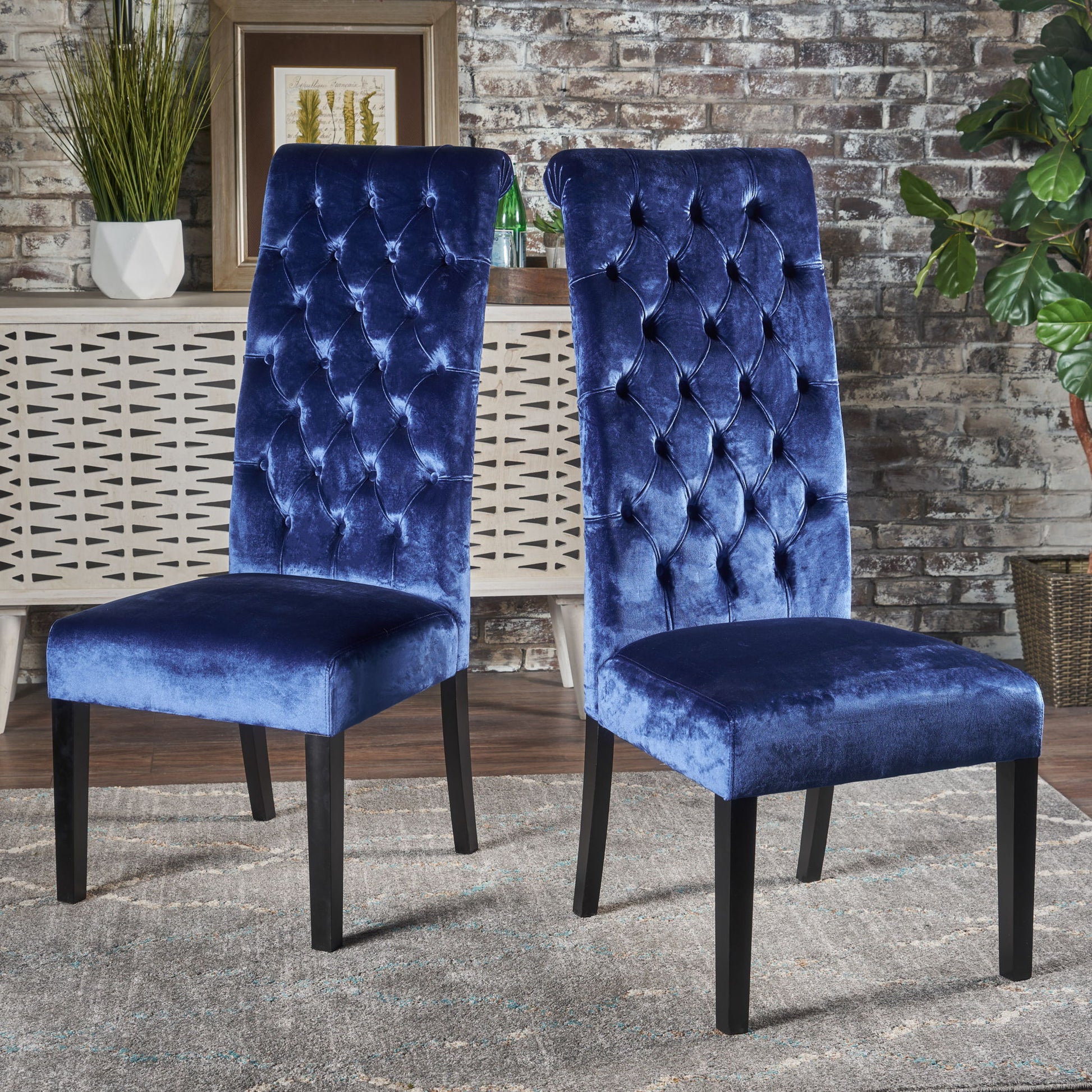 Elegant George Hi Back Dining Chair (Set of 2) With Tufted Velvet - Navy Blue Noble House