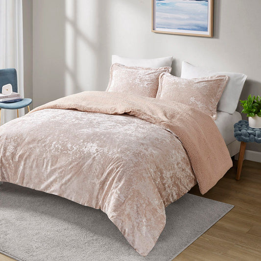 Mira - Crushed Velvet Sherpa Reversible King Comforter Set - Blush Intelligent Design