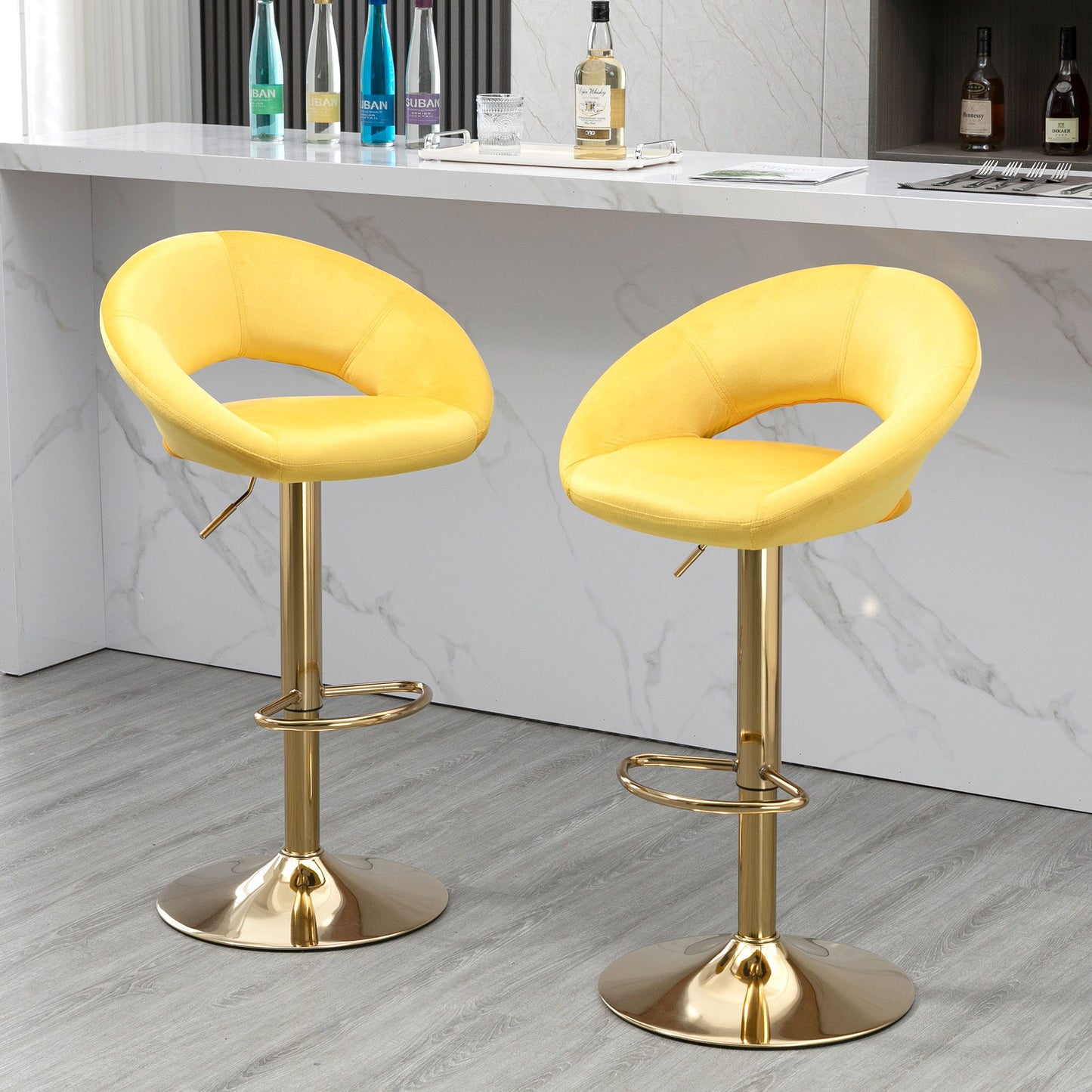 Velvet Adjustable Modern Dining Chairs, Counter Height Bar Chair, Swivel Bar Stools (Set of 2) - Yellow