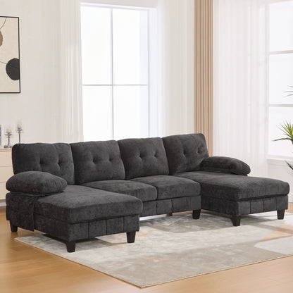 U-Shaped Sectional Sofa 103.5" Black Chenille Fabric Couch With Dual Chaise Lounges, Storage Pockets, Armrest Pillows Hearth and Haven