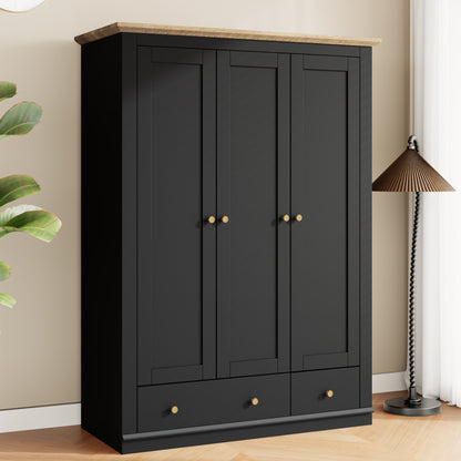 Modern 3 Doors Armoire Wardrobe Closet With 2 Drawers, Tall Wardrobe Cabinet With Hanging Rail And Shelve For Bedroom - Natural / Black