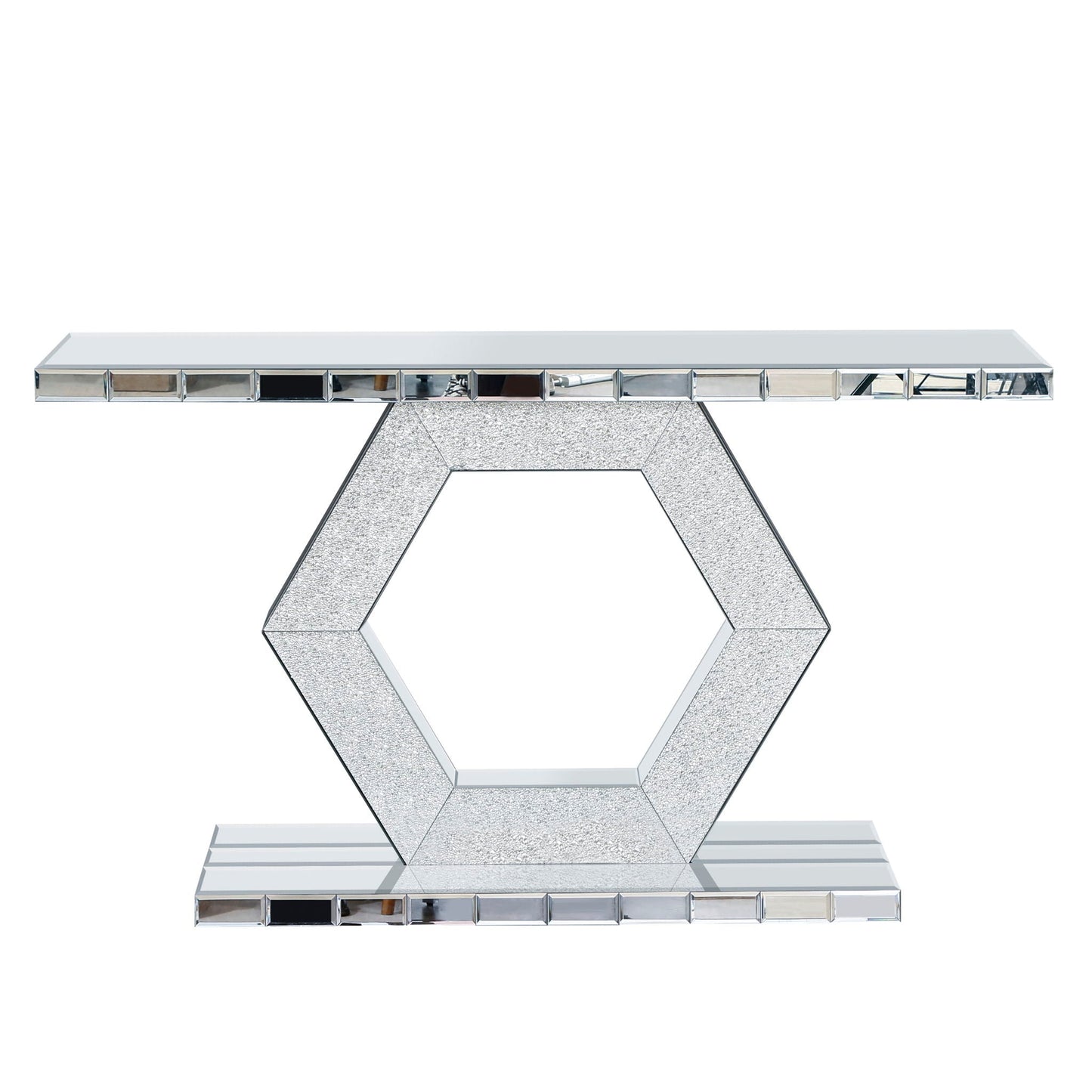 Sparkling Crystal Hexagon Mirror Entryway Premium Modern Foyer Console Table With Diamond Glass Effects, Dual Tier Luxury Sofa Table - Silver Home Essentials