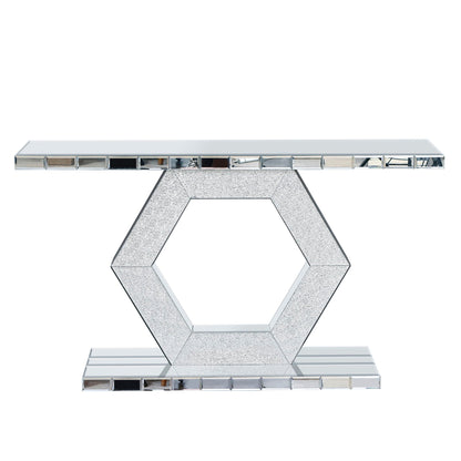 Sparkling Crystal Hexagon Mirror Entryway Premium Modern Foyer Console Table With Diamond Glass Effects, Dual Tier Luxury Sofa Table - Silver Home Essentials
