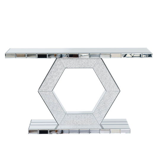 Sparkling Crystal Hexagon Mirror Entryway Premium Modern Foyer Console Table With Diamond Glass Effects, Dual Tier Luxury Sofa Table - Silver Home Essentials