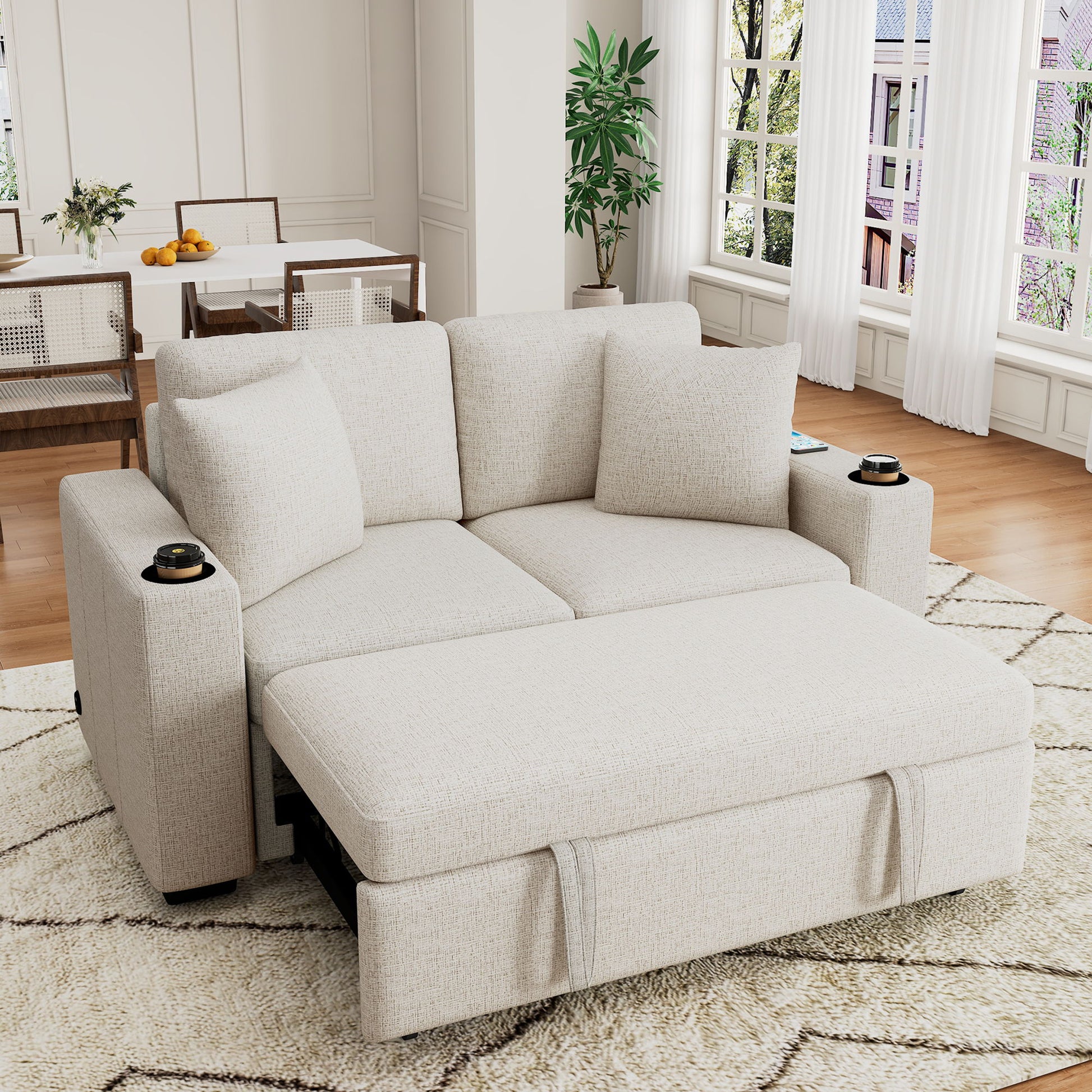 Modern 2 Seater Loveseat Sofa With Pull-Out Bed, Fabric, Built-In USB Ports & Cup Holders Hearth and Haven