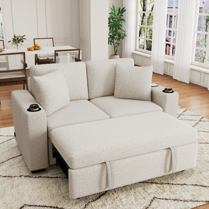Modern 2 Seater Loveseat Sofa With Pull-Out Bed, Fabric, Built-In USB Ports & Cup Holders Hearth and Haven