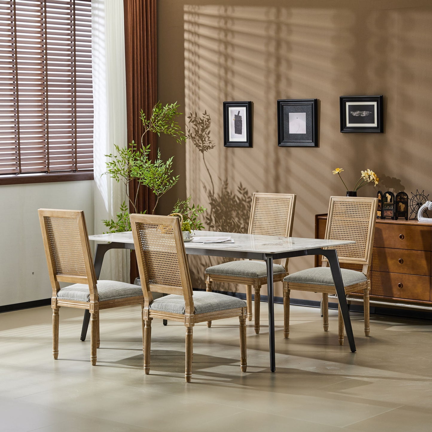 French Country Dining Chair With Rectangular Cane Backrest And Smooth Upholstered Seating Noble House