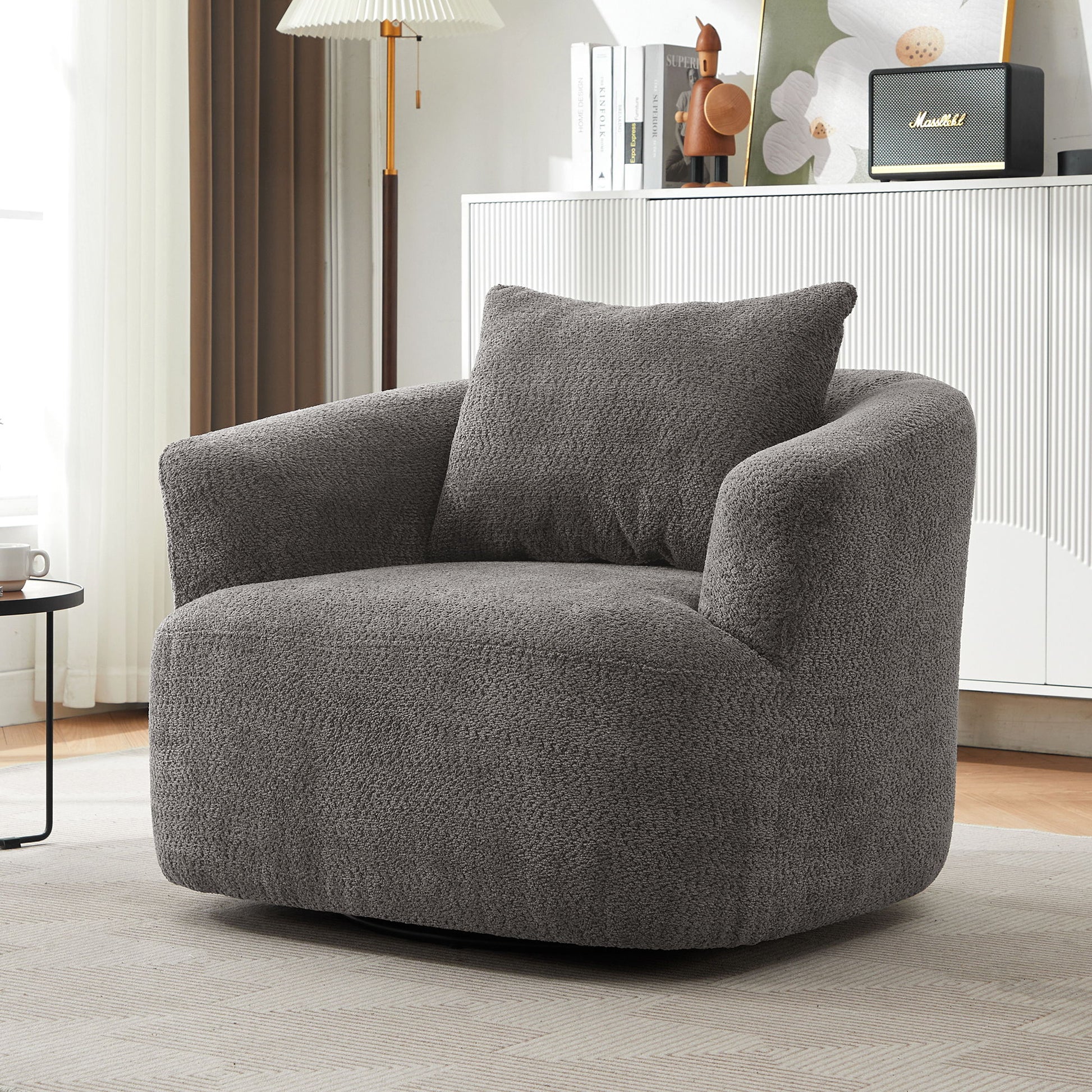 360° Swivel Barrel Sofa Chair With Throw Pillow, Chenille Upholstered Accent Chair Hearth and Haven