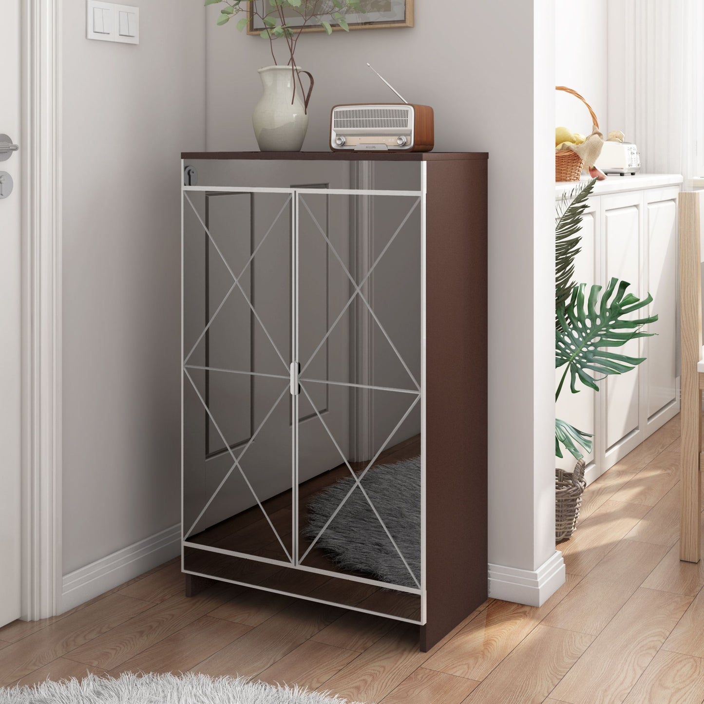 Elegant Decor Mirrored Shoe Cabinet With Edging Double Door Storage Cabinets Glass - Brown / Silver / Gray Daily Nest