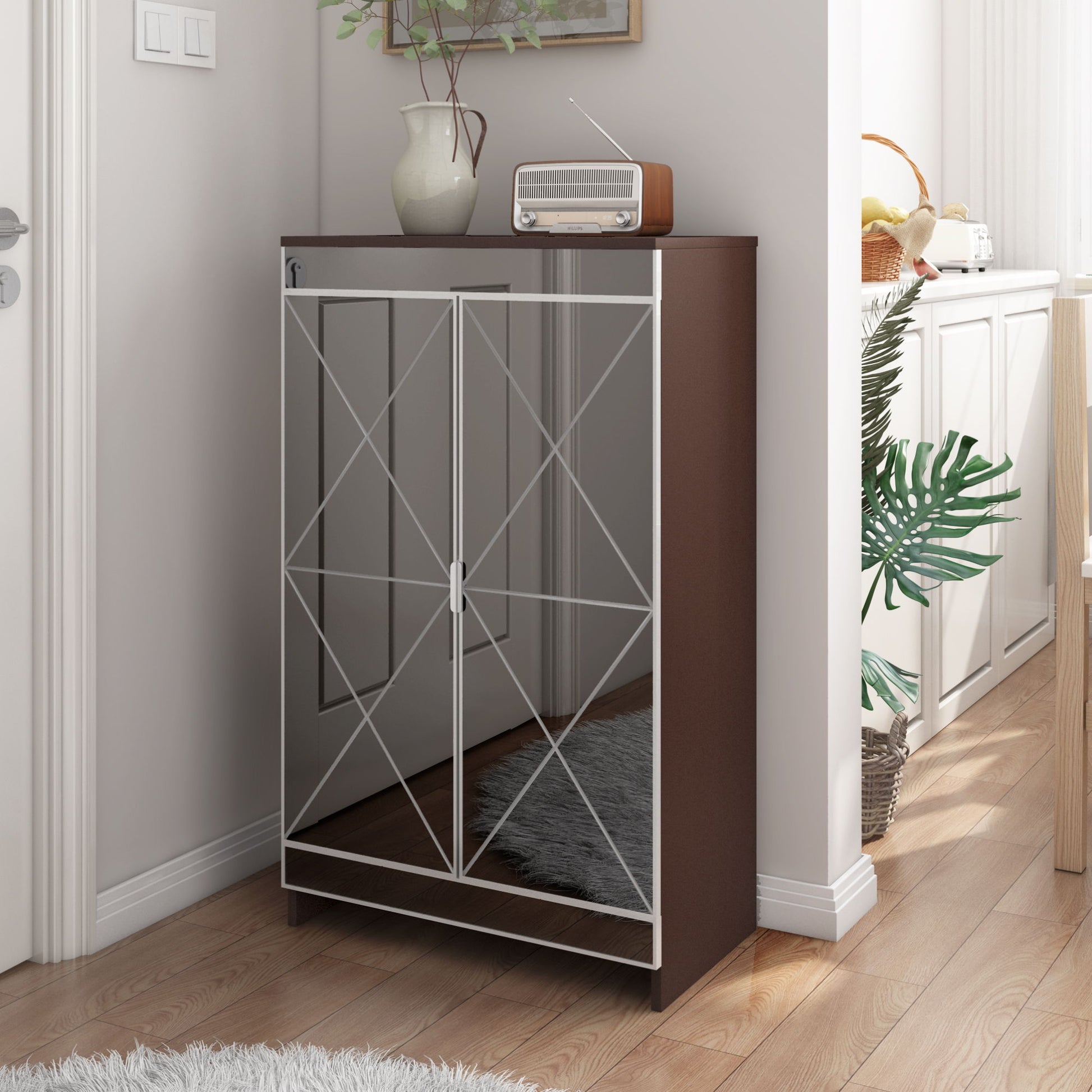 Elegant Decor Mirrored Shoe Cabinet With Edging Double Door Storage Cabinets Glass - Brown / Silver / Gray Daily Nest