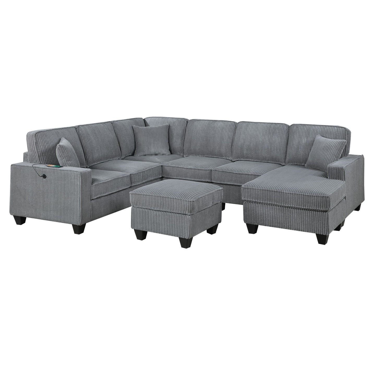 Left Arm Facing Loveseat With USB Port And Storage Sectional Set With Corner Wedge Armless Chair And Cocktail Ottoman - Fog Home Essentials