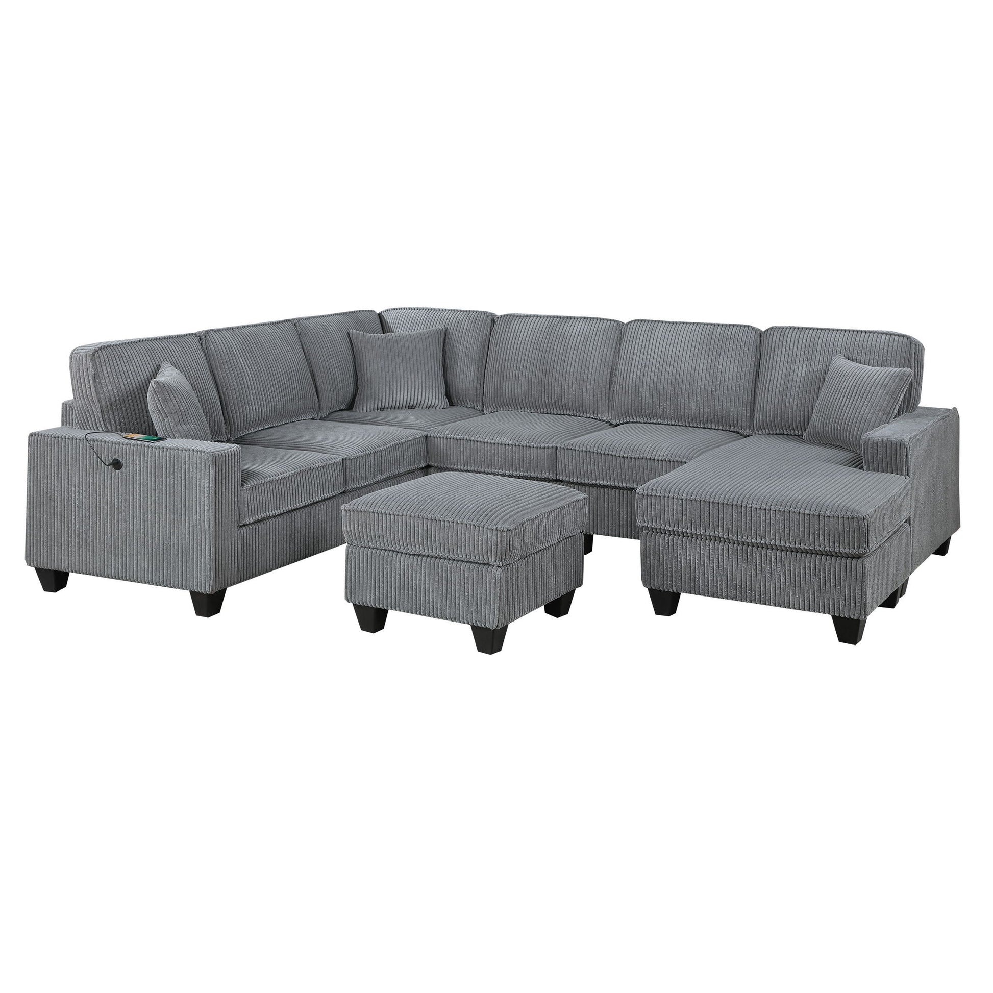 Left Arm Facing Loveseat With USB Port And Storage Sectional Set With Corner Wedge Armless Chair And Cocktail Ottoman - Fog Home Essentials