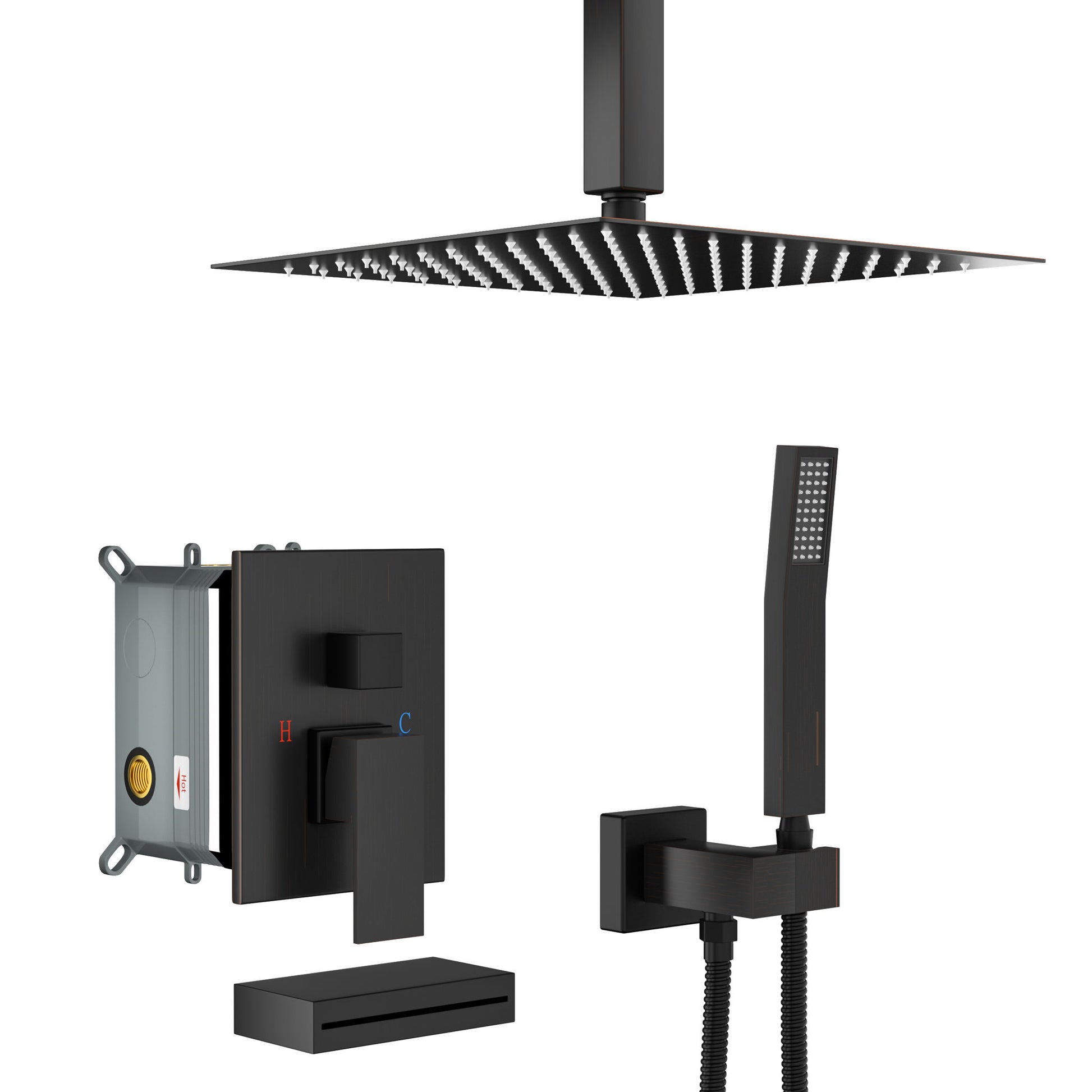 Shower System With Waterfall Tub Spout And 12" Ceiling Mount Square Shower Head - Oil-Rubbed Bronze Daily Nest