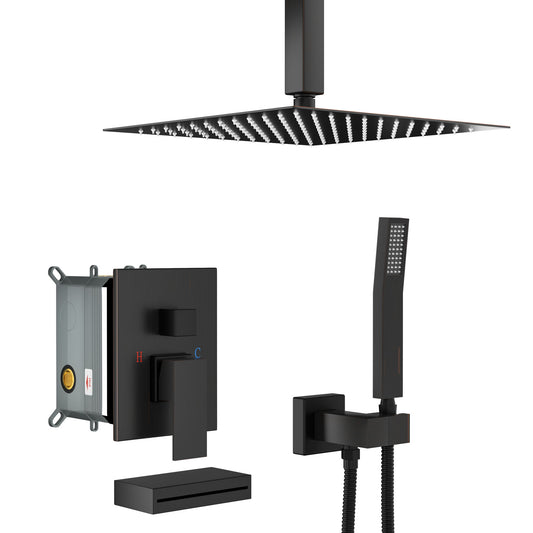 Shower System With Waterfall Tub Spout And 12" Ceiling Mount Square Shower Head - Oil-Rubbed Bronze Daily Nest