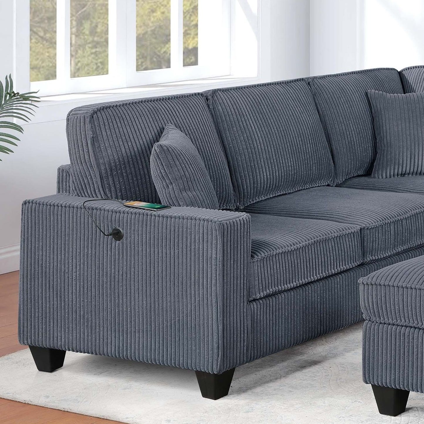 Left Arm Facing Loveseat With USB Port 5 Piece Sectional Set Corner Wedge Armless Chair Cocktail Ottoman Upholstered Living Room Furniture - Dark Gray Home Essentials