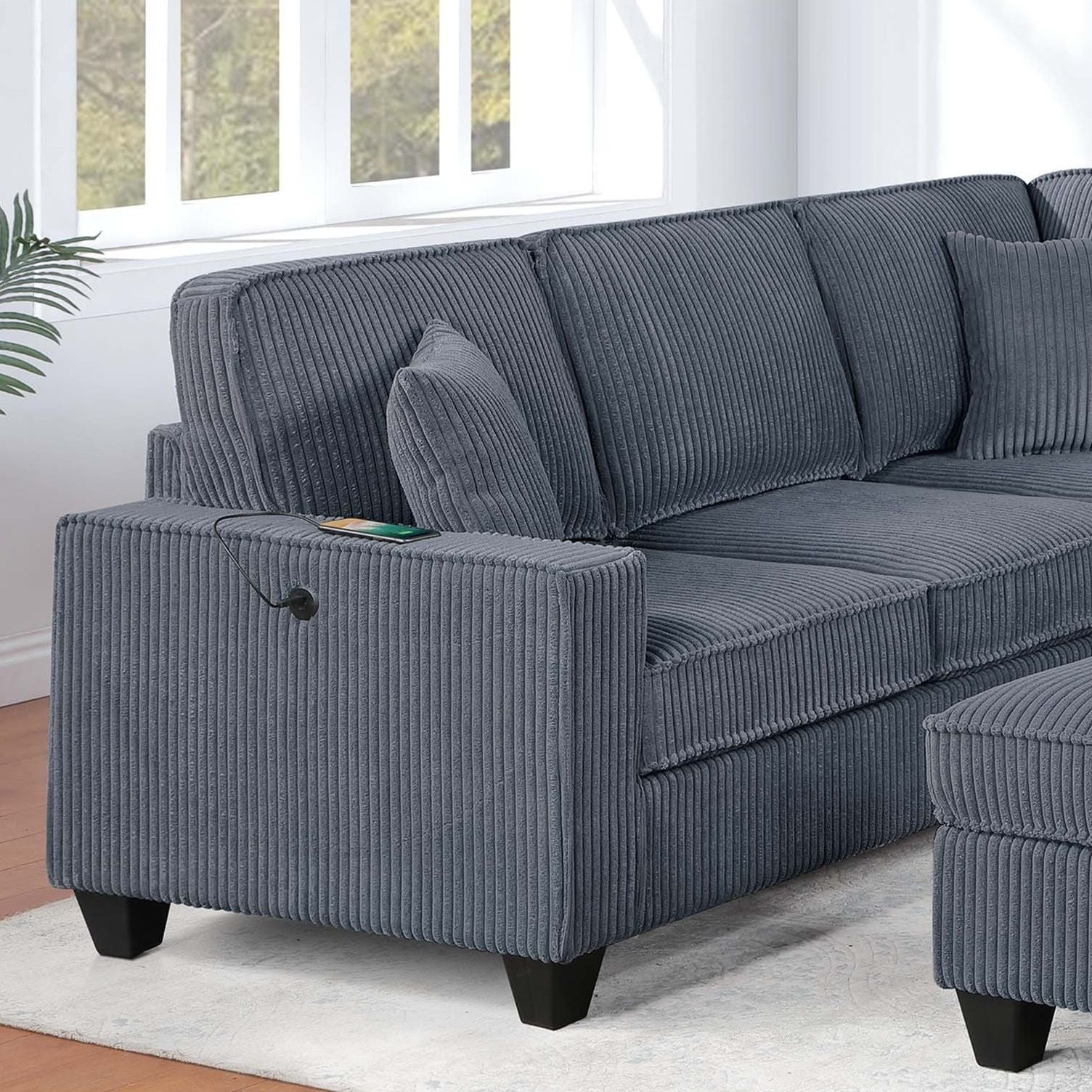 Left Arm Facing Loveseat With USB Port 5 Piece Sectional Set Corner Wedge Armless Chair Cocktail Ottoman Upholstered Living Room Furniture - Dark Gray Home Essentials