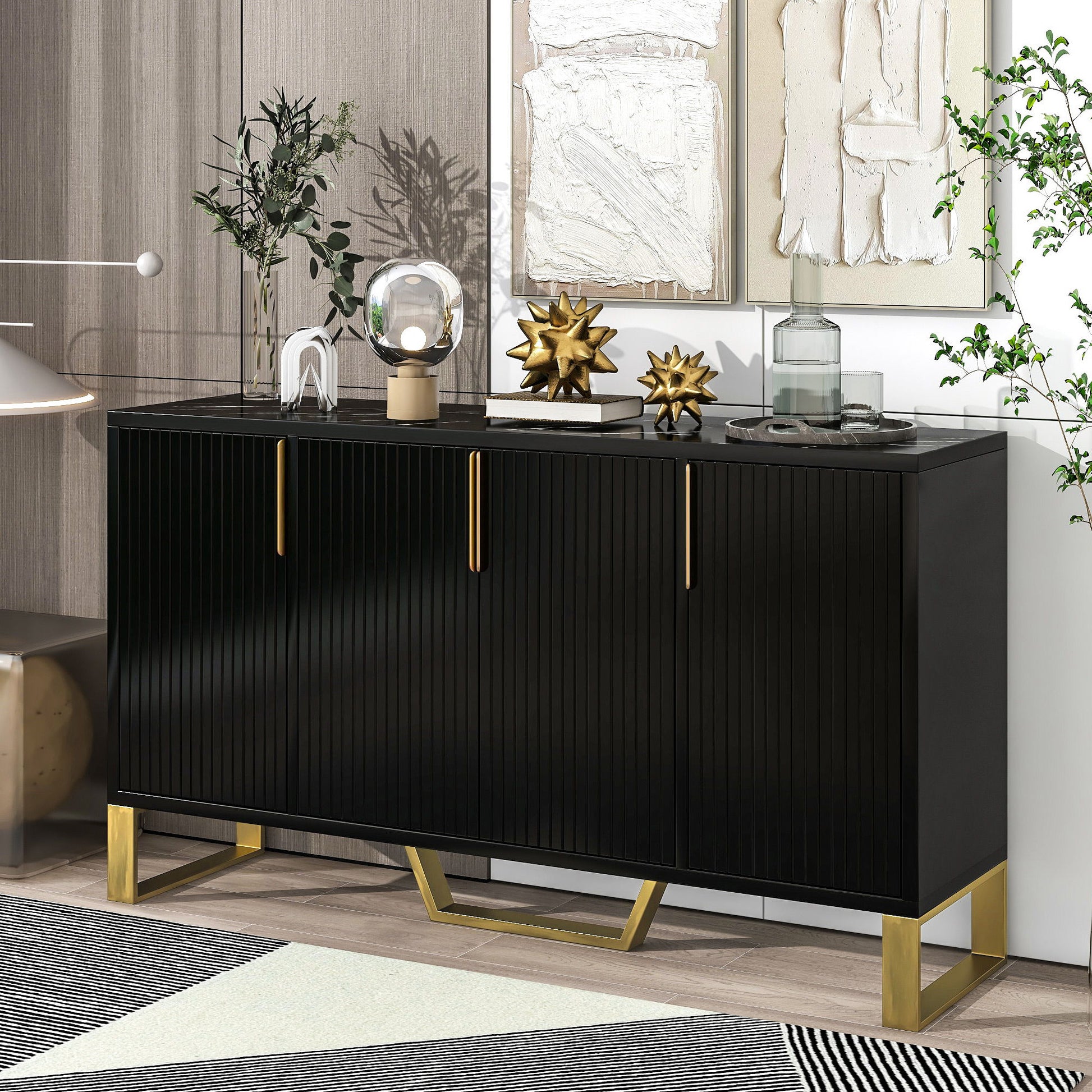 Modern Sideboard With Four Doors, Metal Handles & Legs And Adjustable Shelves Kitchen Cabinet Hearth and Haven